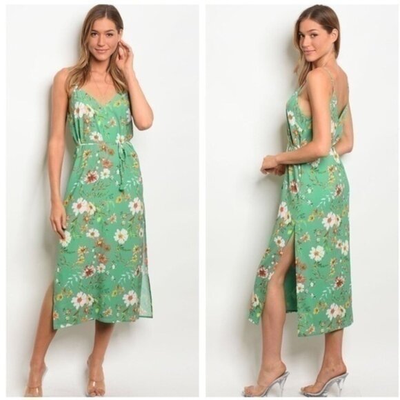 GREEN FLORAL DOUBLE SLIT DRESS - Picture 1 of 1
